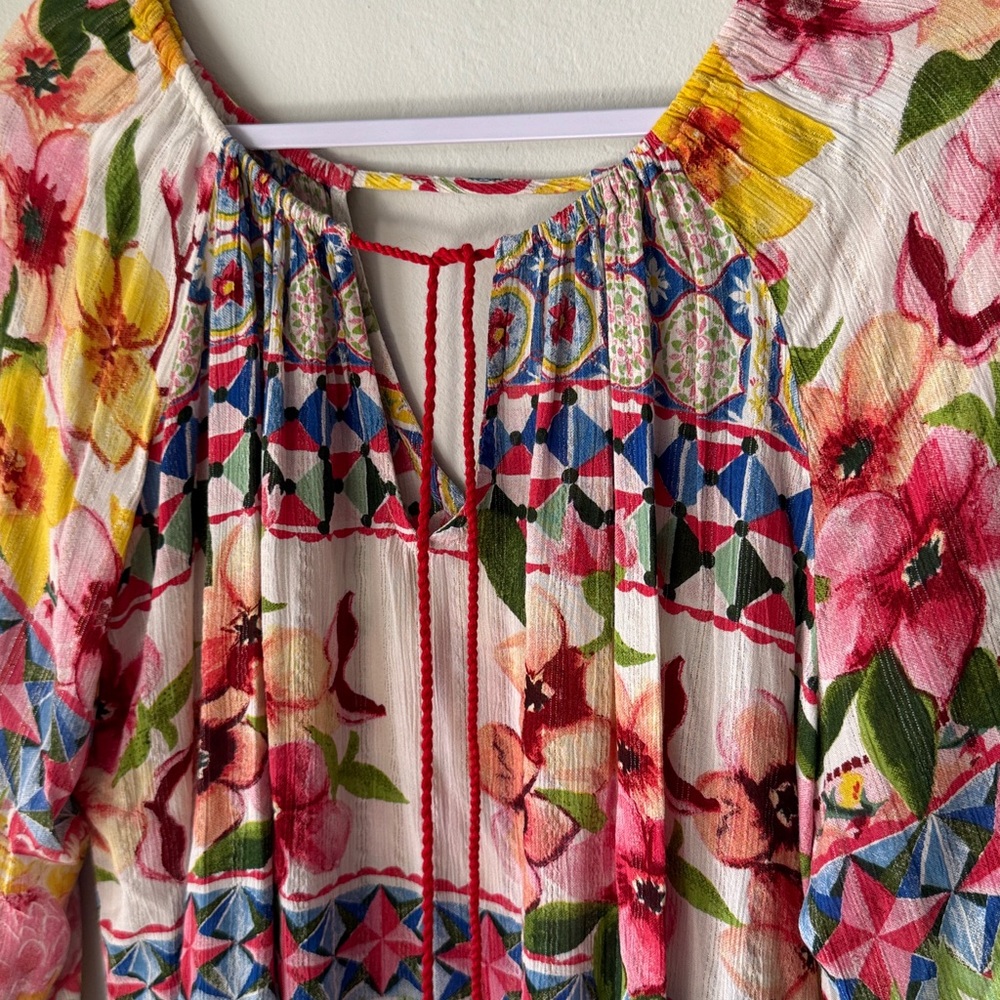 Desigual bright Carola floral boho chic peasant blouse top with beaded tassel - Picture 3 of 9